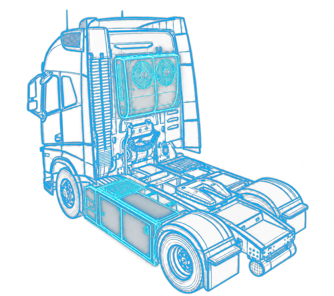 Volvo FH — Comfort Power Assembly: rear-wall mount LFP Powerwall, Guchen condenser, and RIGID chiller